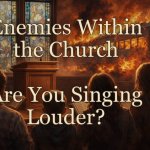 Enemies Within the Church image – empty pulpit and congregation with fiery train outside