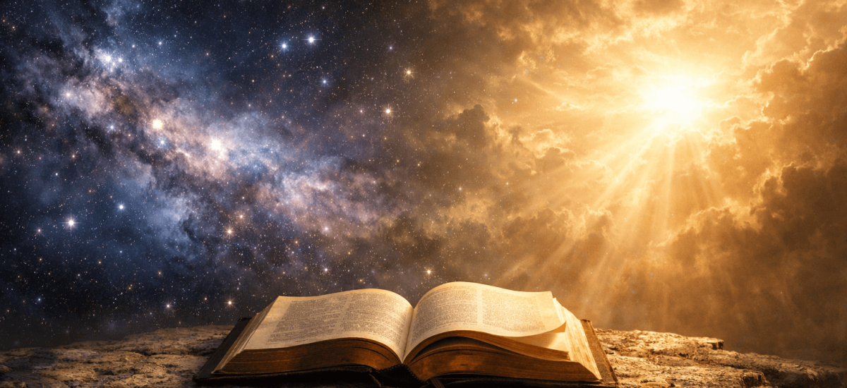Why a scientist believes in a Creator — open Bible beneath the stars illustrating cause and effect pointing to Genesis 1:1