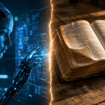 A humanoid AI machine faces an open Bible across a seam of light — the beast system of technology against the Word of God