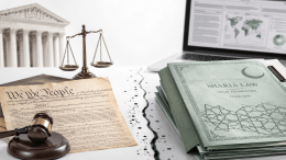 Constitutional law versus sharia law in America, shown with gavel, scales, and legal documents.