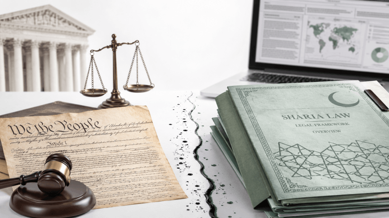 Constitutional law versus sharia law in America, shown with gavel, scales, and legal documents.