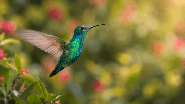 Hummingbird in flight, iridescent wings catching sunlight