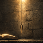 Plumb line descending from light above an old stone wall, an open Bible glowing below — God's Word as the measure of every church