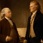 Painterly portrait of two American founders beside the Declaration of Independence, honoring America's 250th birthday