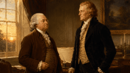 Painterly portrait of two American founders beside the Declaration of Independence, honoring America's 250th birthday