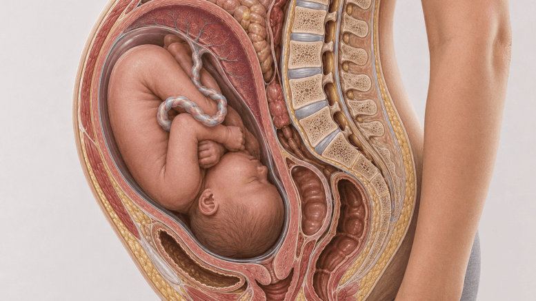 Medical illustration of a pregnant woman in side view, showing a cross‑section of the abdomen and pelvis with a full‑term baby curled head‑down inside the uterus, surrounded by the amniotic sac and placenta, with the mother’s spine, pelvis, bladder, intestines, and other organs visibly displaced around the baby