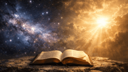 Open Bible resting on stone beneath a starfield and golden light Why a Scientist Believes in a Creator series