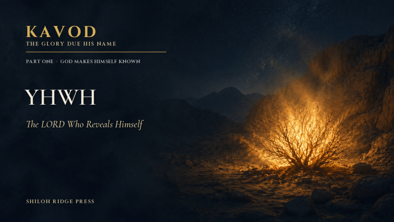 KAVOD featured image for YHWH, showing a burning bush glowing in the wilderness beneath a night sky.