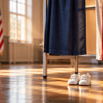 An empty voting booth with a tiny pair of baby shoes beside it. The unborn can't vote