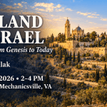 The Land of Israel event with Dan Pollak, October 24, 2026, 2-4 PM, at Life Church in Mechanicsville, VA, over an illustration of Jerusalem.