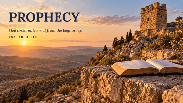 Ancient stone watchtower above the Judean hills at sunrise with an open Bible on a stone wall, the Virginia Christian Alliance Prophecy image