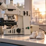 A tiny pair of baby shoes on a laboratory bench beside a research microscope.