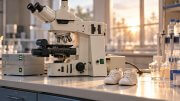 A tiny pair of baby shoes on a laboratory bench beside a research microscope.
