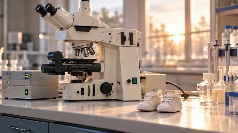 A tiny pair of baby shoes on a laboratory bench beside a research microscope.