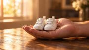 A tiny pair of baby shoes resting in an open adult hand.