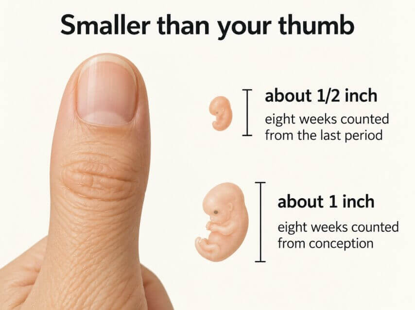 An adult thumb beside two small drawings of the child: about half an inch at eight weeks counted from the last period, and about one inch at eight weeks counted from conception.