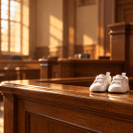A tiny pair of baby shoes resting on the rail of an empty witness stand.