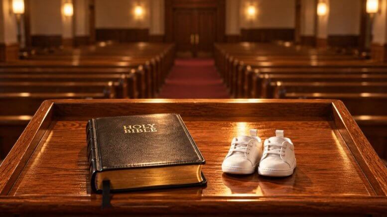 A pastor’s view from behind the pulpit: a closed Holy Bible and a pair of baby shoes on the lectern, with empty pews beyond in warm light